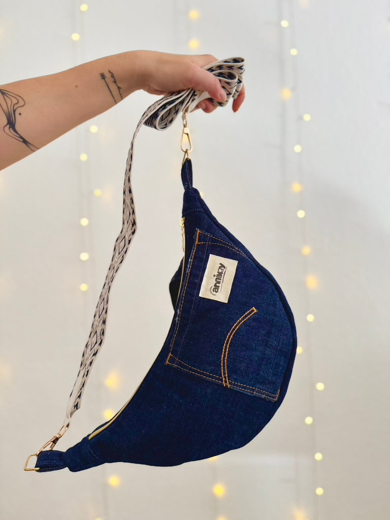 Handgemachte Umhängetasche (small) | Denim & Yellow | Upcycling-Einzelstück