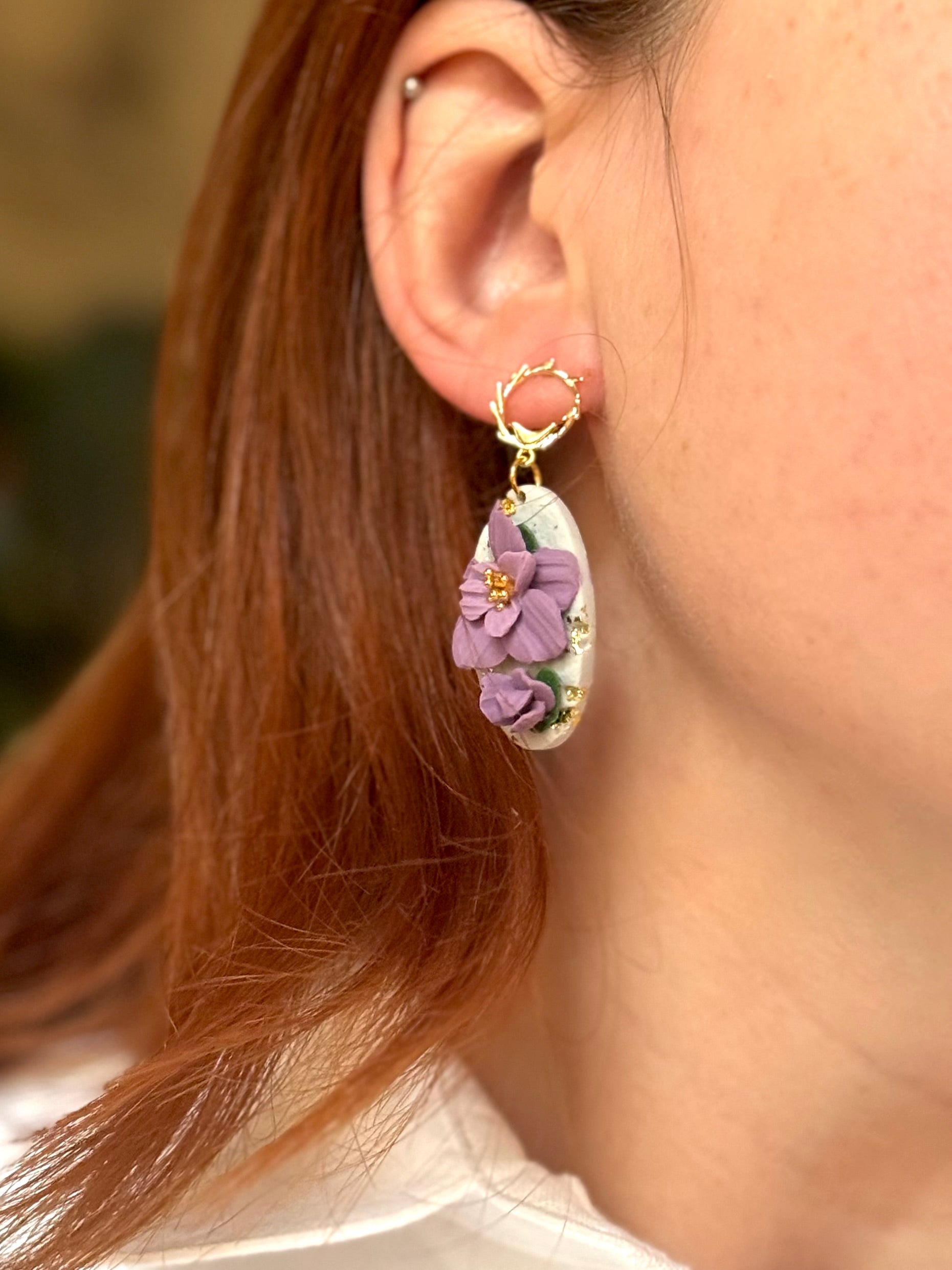 Golden Lavender Herb Collection | Statement Ohrringe aus Polymer Clay |  Lavender Herb & Gold | Creative Studio Anniway | Geschenkidee