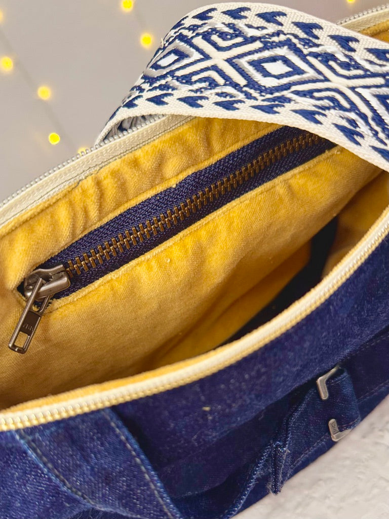 Handgemachte Umhängetasche (small) | Denim & Yellow | Upcycling-Einzelstück