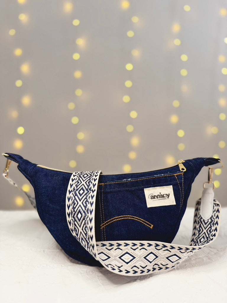 Handgemachte Umhängetasche (small) | Denim & Yellow | Upcycling-Einzelstück