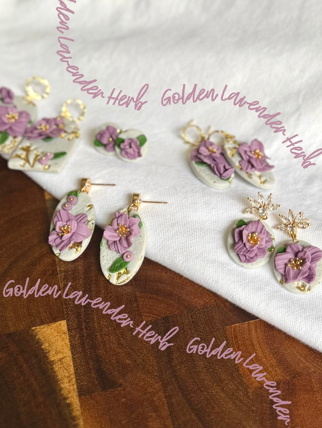 Golden Lavender Herb Collection | Statement Ohrringe aus Polymer Clay |  Lavender Herb & Gold | Creative Studio Anniway | Geschenkidee