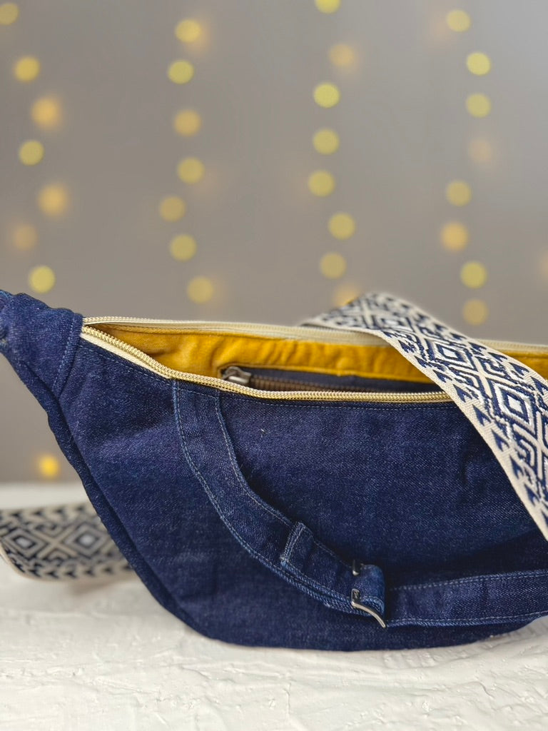 Handgemachte Umhängetasche (small) | Denim & Yellow | Upcycling-Einzelstück