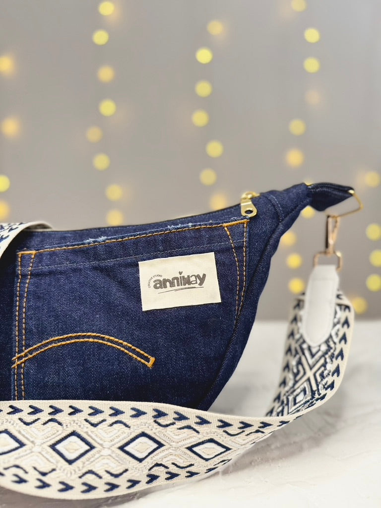 Handgemachte Umhängetasche (small) | Denim & Yellow | Upcycling-Einzelstück